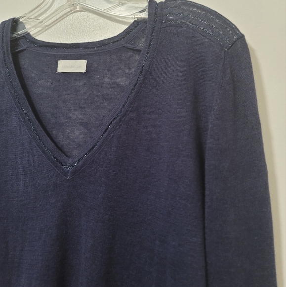 Harris Wilson Navy Blue Linen Knit V-neck Sweater Size Large Long Sleeve Logo . - Picture 3 of 15